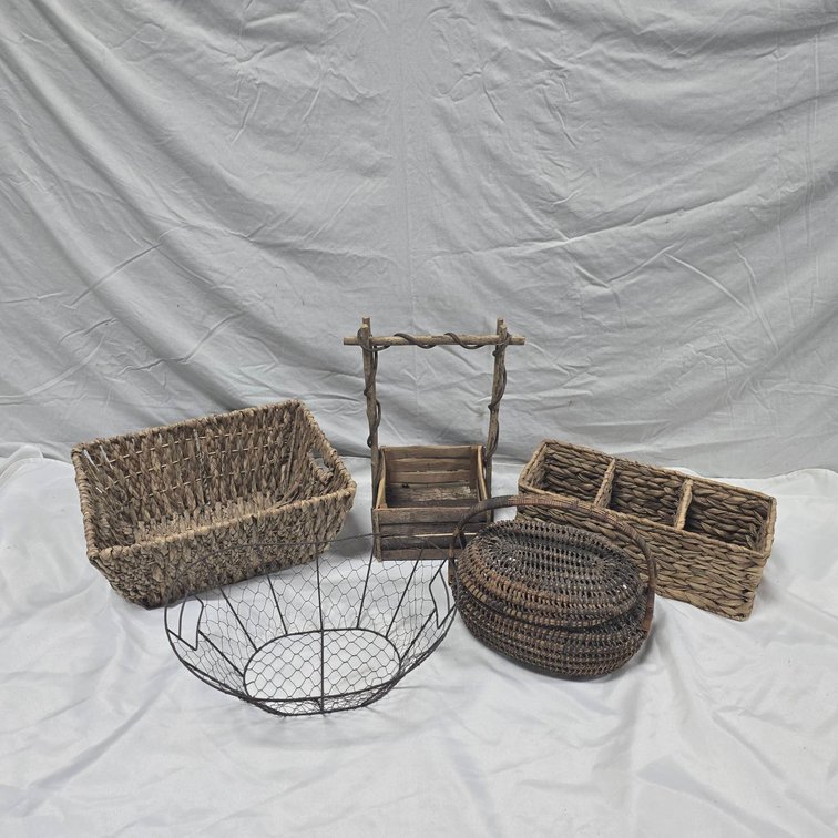 Basket and Tray Lot Including Woven, Wire, and Wooden Styles