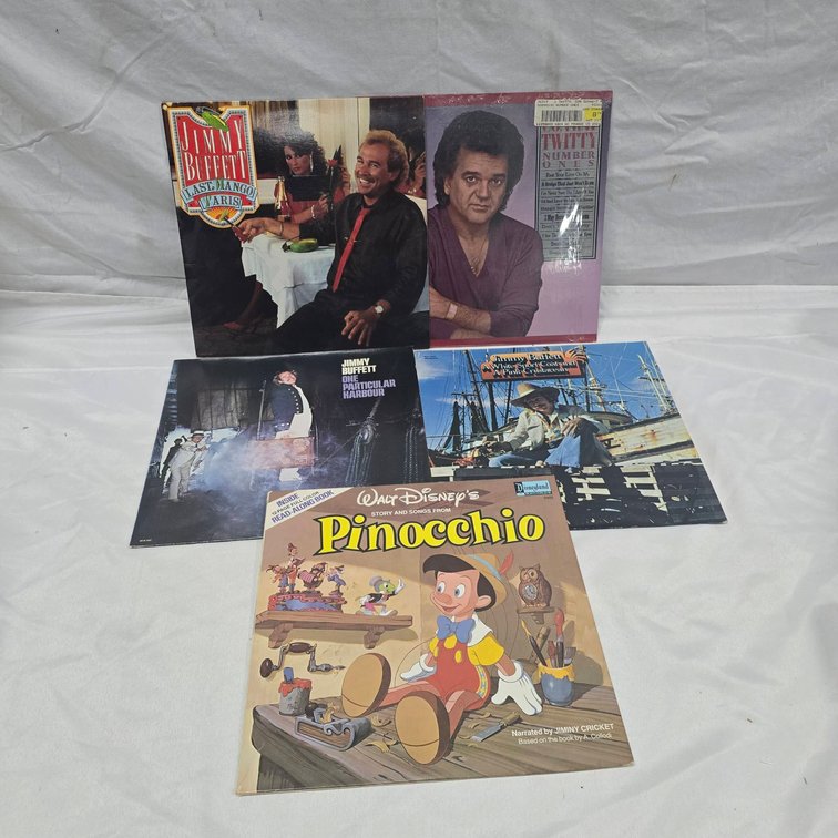 5 Vinyl Records: Jimmy Buffett, Conway Twitty, Disney's Pinocchio Story and Songs
