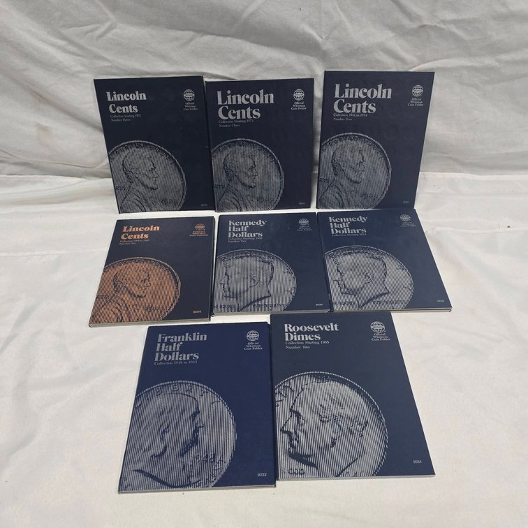 8 Coin Albums for Lincoln Cents, Kennedy Halves, Franklin Halves, Roosevelt Dimes