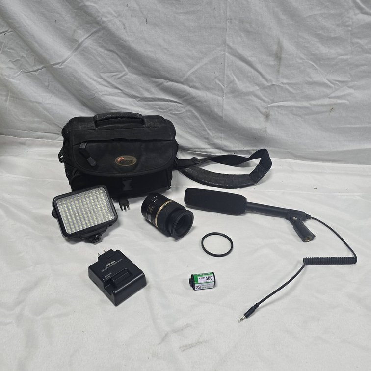 Tamron 90mm f/2.8 Macro Lens, Nikon Charger, LED Light, Microphone, Lowepro Bag, Filter & Film
