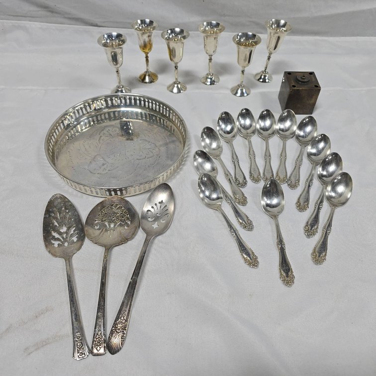 Silver Plate Lot: Rogers Spoons, Landes Tray, Silver-Plated Goblets, Assortment