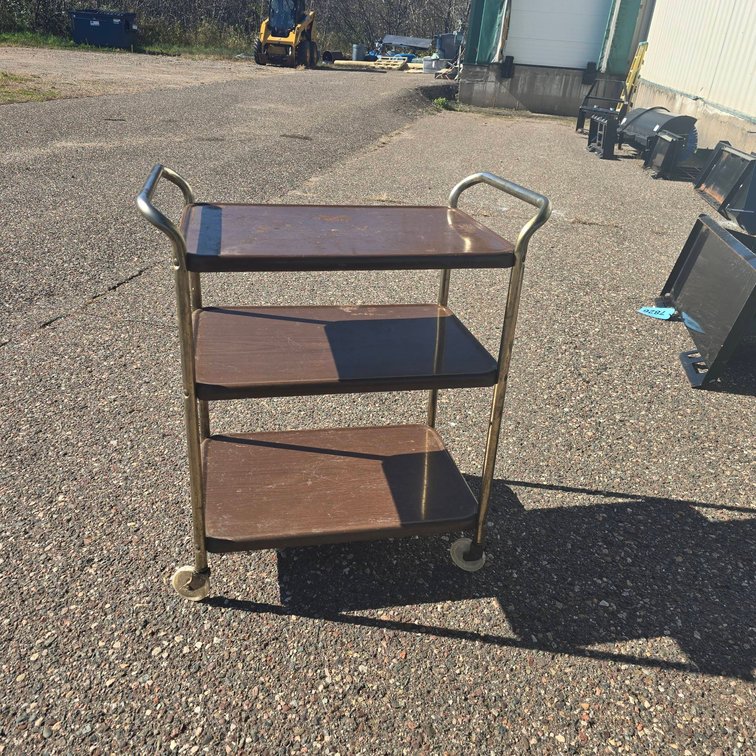 Three-Tier Metal Utility Cart with Brown Shelves and Casters, Dimensions 28x16x29 Inches