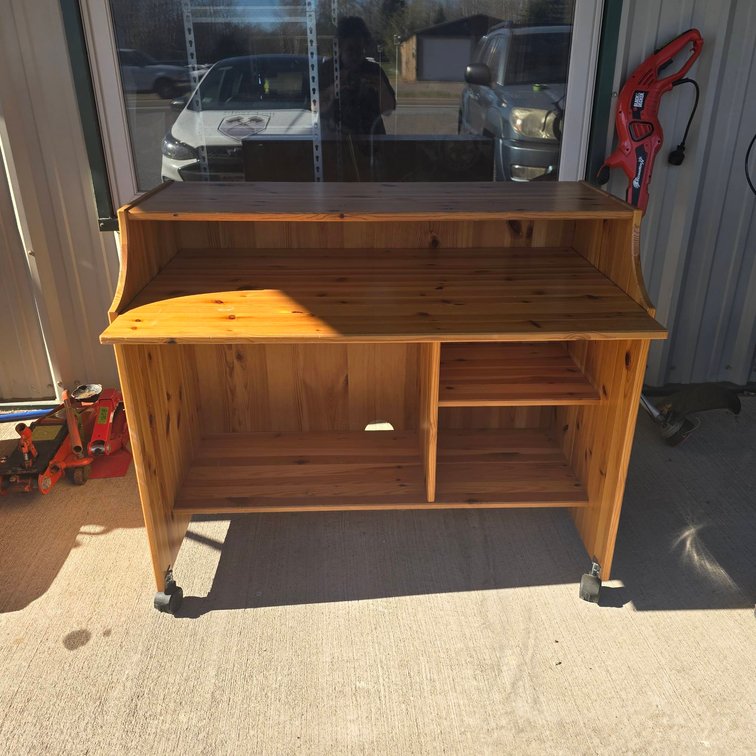 Pine Wood Rolling Computer Desk with Hutch and Adjustable Shelves, 39x26x34 Inch
