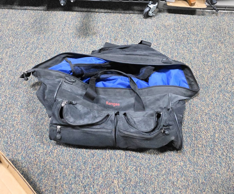 Kangas Black Duffel Bag with Blue Interior, Multiple Zippered Pockets