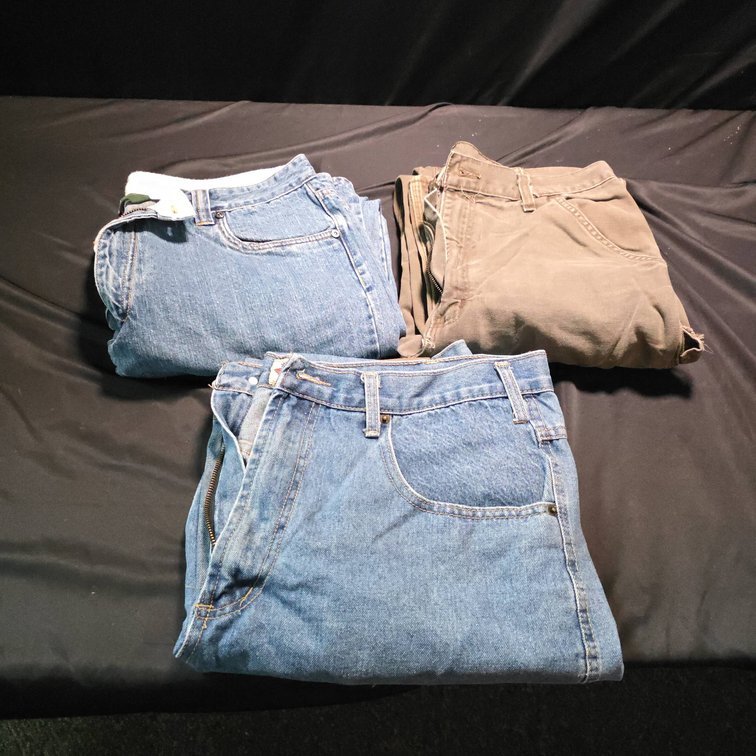 Woolrich, Field N Forest, and Carhartt Three Pair of Men's Pants, Denim and Canvas, Various Sizes