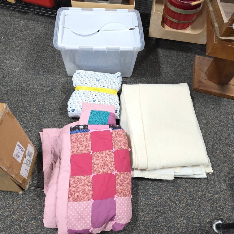 Handmade Patchwork Quilt, Queen Flat Flannel Sheet, and Two Polyester Blankets Assortment
