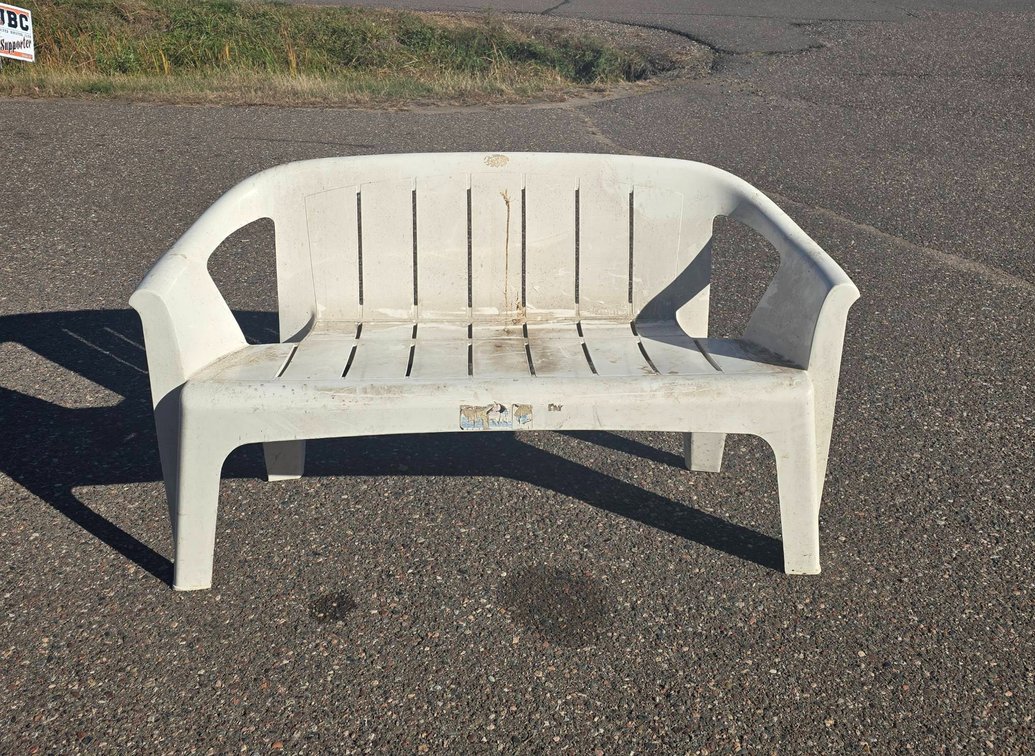 White Outdoor Plastic Bench with Armrests, 60-Inch Width, Slatted Seat and Back Design