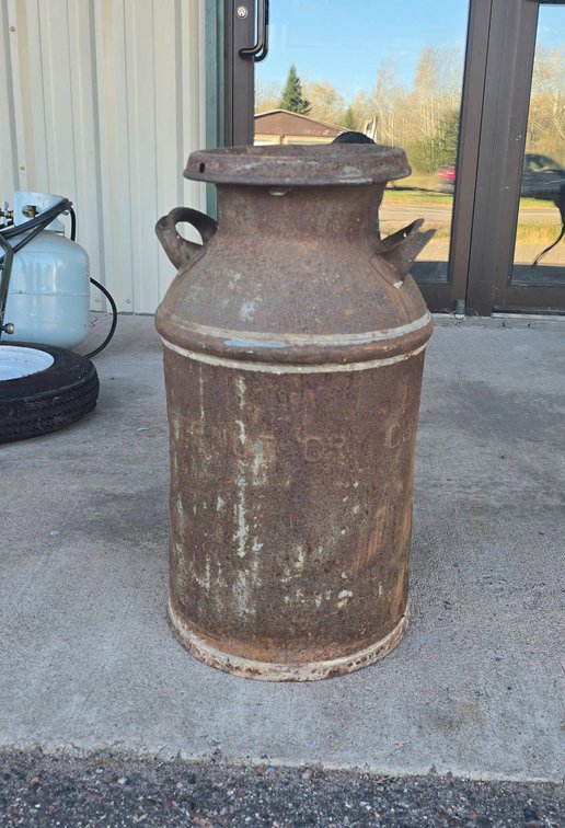Large Vintage Metal Milk Can with Handles and Lid, 24" Tall, Rusted Patina