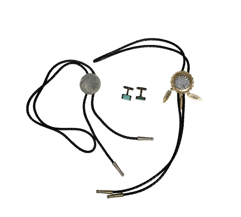 Christian Dior Cufflinks with Green Stone and Two Western Bolo Ties, One Indian Head Nickel