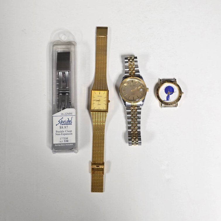 3 Watches: Geneva Two-Tone Quartz, Benrus Gold Tone Quartz, Cody Coyotes Dial, Speidel Clasp