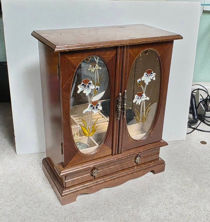 Wooden Jewelry Box With Glass Floral Doors, Drawer, Mirror, Compartments