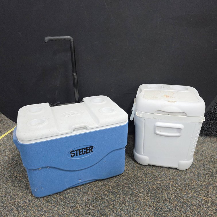 Coleman Wheeled Cooler with Broken Handle and Igloo Ice Cube Cooler with Cup Holders, Casserole Tray, Accessories