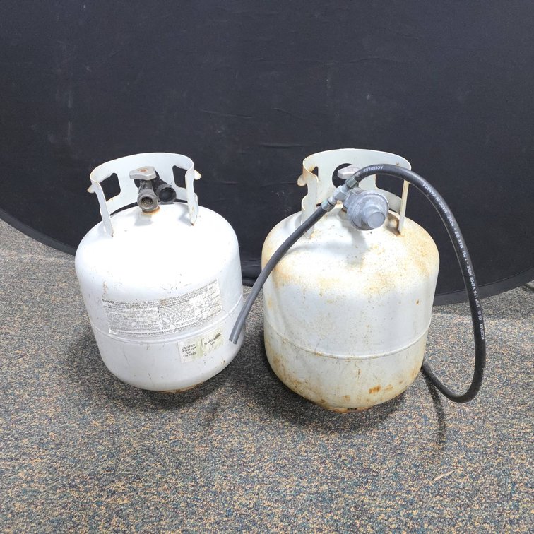 15 lb LP Gas Tanks, One Mostly Full, Includes Regulator and Hose Accessories
