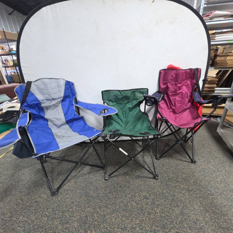 Three Folding Camp Chairs—Two With Armrests and Carry Bags One Armrest-Free With Cup Holders, Green No Bag