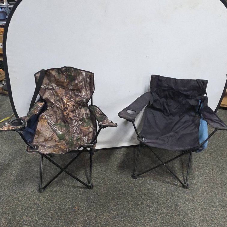Two Folding Camp Chairs With Armrests, Carrying Bags, Camouflage and Black Designs