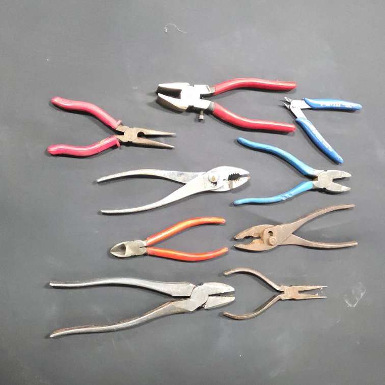 Nine Hand Tools Including Pliers, Cutters, and Grips, Longest Item 9 1/4 Inches