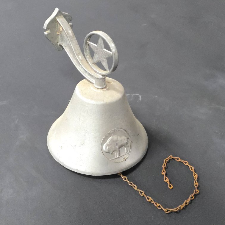 Wall Mountable Metal Dinner Bell with Buffalo Nickel Relief, Star Finial, and Chain Pull