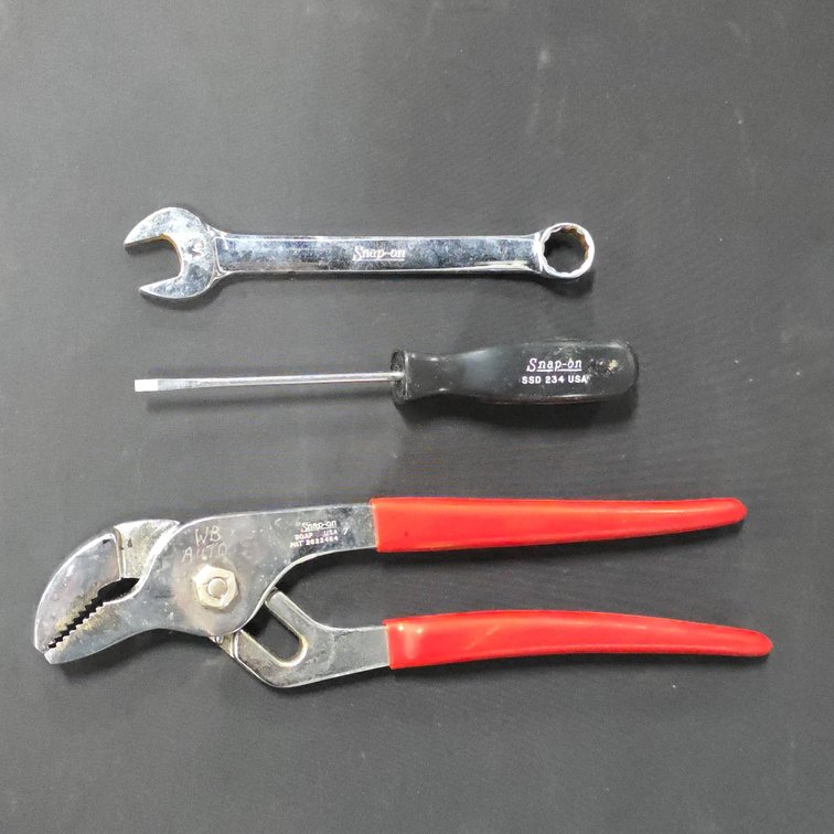 Snap-on Tool Set: 12mm Combination Wrench, SSD 234 USA Screwdriver, 90AP Slip Joint Pliers