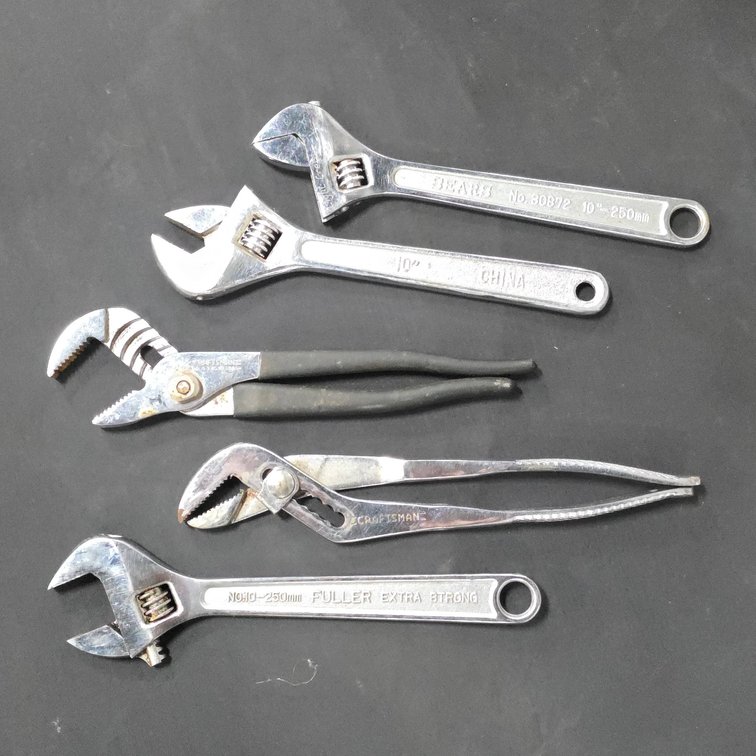 5 Adjustable Wrenches Pliers Including Sears, Craftsman, Fuller Chrome Vanadium, Forged Steel