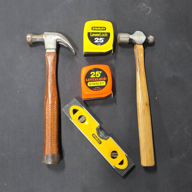 Stanley LeverLock Tape Measures, Stanley Level, Craftsman Claw Hammer, Blue-Point Ball Peen Hammer