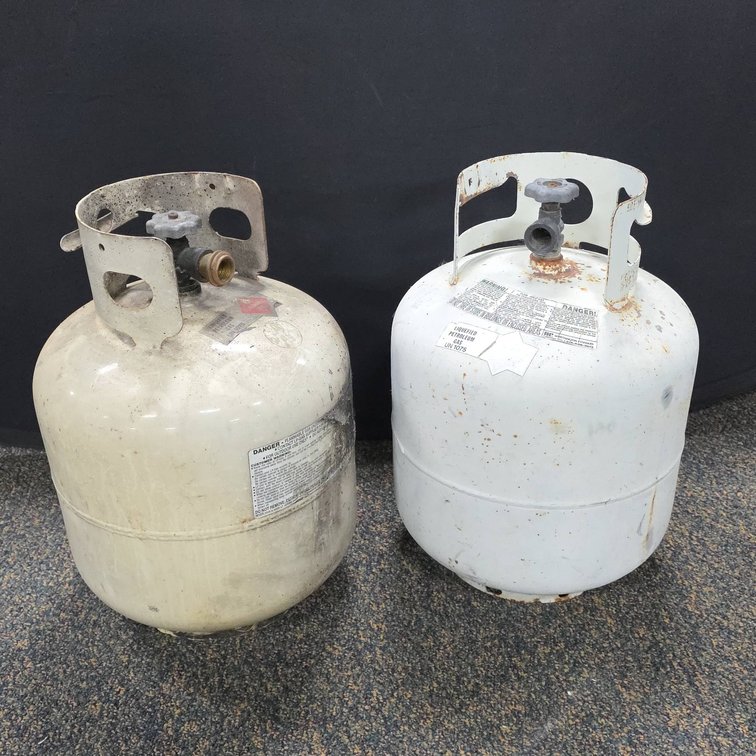 Two Mostly Empty 15 lb LP Gas Tanks, Steel Construction, With Valves, For Propane Storage