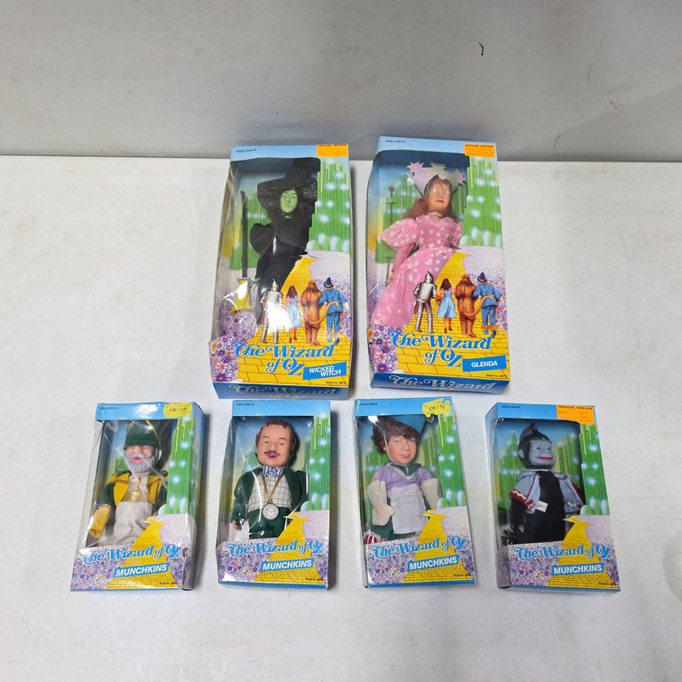 6 The Wizard of Oz Dolls in Boxes Including Glenda, Wicked Witch, Munchkins, Largest 14 Inch Figures