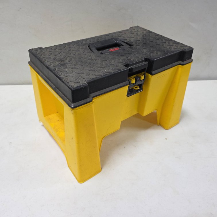 Contico 20" Wide Plastic Toolbox With Items Inside, One Foot Broken, Still Functional As Toolbox