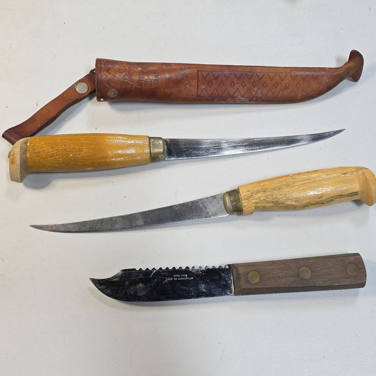 Knife Lot With J. Marttiini Finland Fillet Knife, Leather Sheath, Case XX Chromium, Longest Knife 11 In
