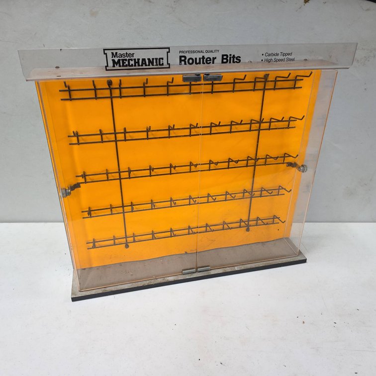 Master Mechanic Router Bits Display Case with Locking Acrylic Doors and Orange Back Panel