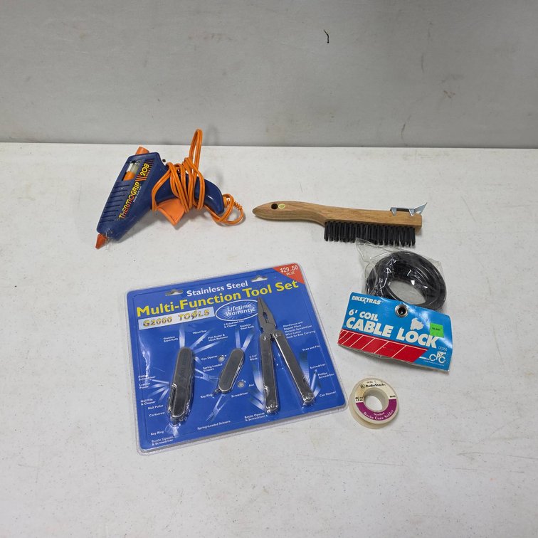 Tools Lot: Multi-Function Tool Set, Thermogrip Glue Gun, Cable Lock, Solder, Wire Brush