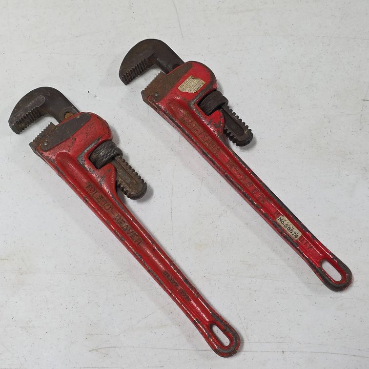 Craftsman and Toledo Beaver Red Pipe Wrenches, Cast Iron, USA Markings