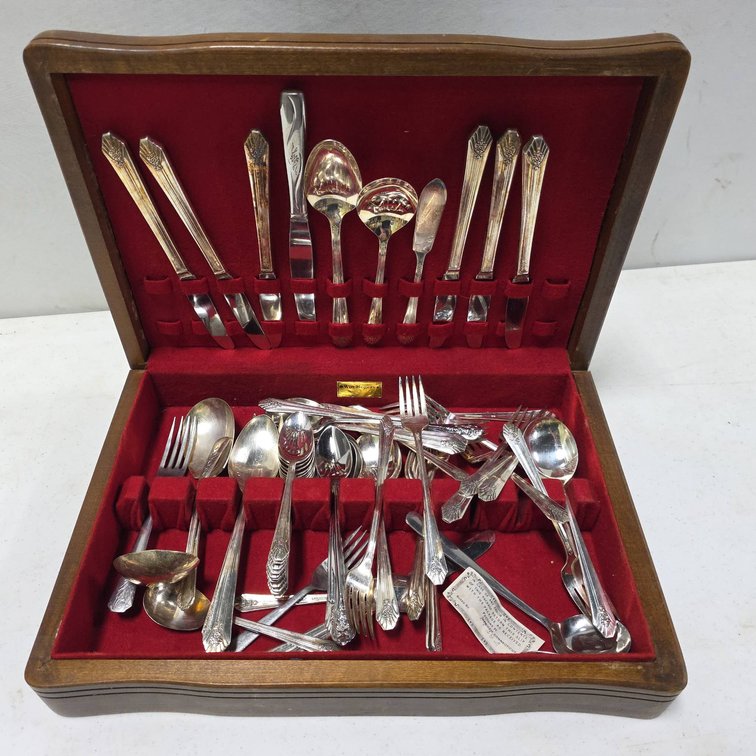 Sterling Silver Flatware Set in Wood Case, Includes Forks, Spoons, Knives, Mixed Patterns