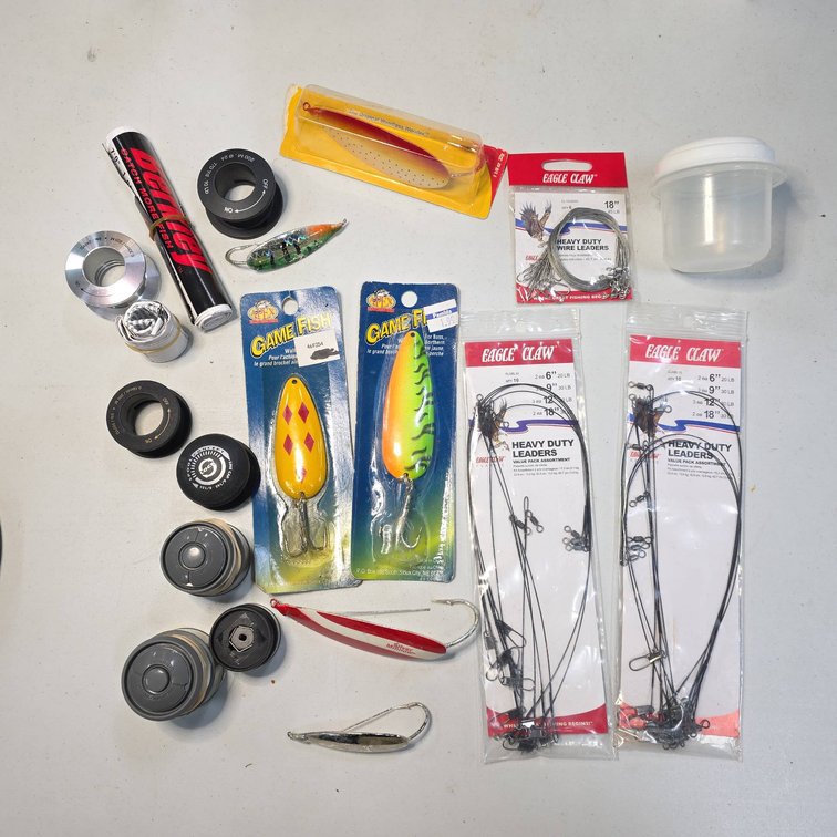 Fishing Tackle Lot: Lures, Eagle Claw Heavy Duty Wire Leaders, Line Weights, Silver Minnow