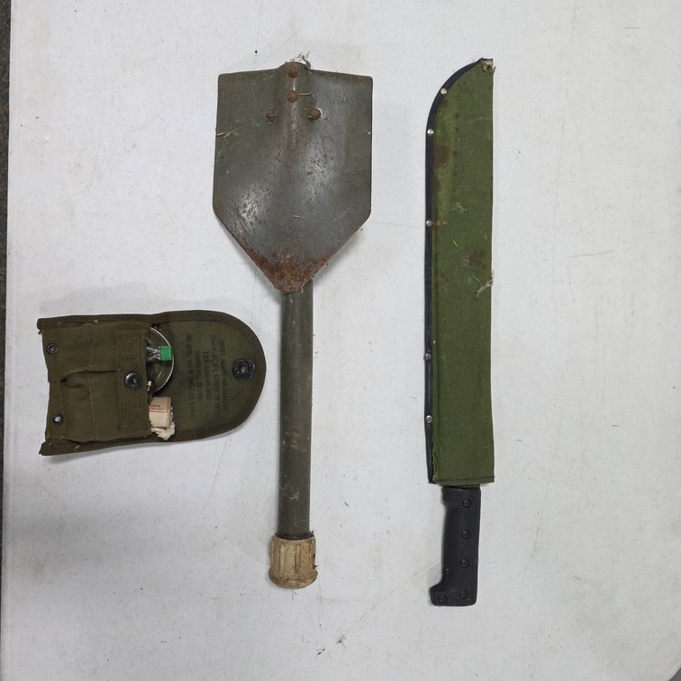Military Camp Shovel, Machete with Sheath, and First Aid Kit with Contents