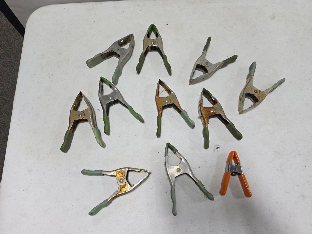11 Mixed Size Steel Spring Clamps With Rubber Tips and Handles, Green and Orange Coatings