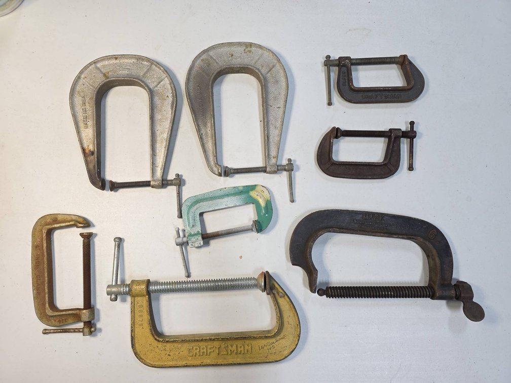 8 C Clamps Including Craftsman, Mark, and Other Metal Clamps in Assorted Sizes and Finishes