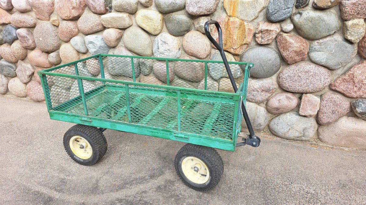 Green Metal Mesh Utility Garden Cart with Removable Sides and Large Pneumatic Tires
