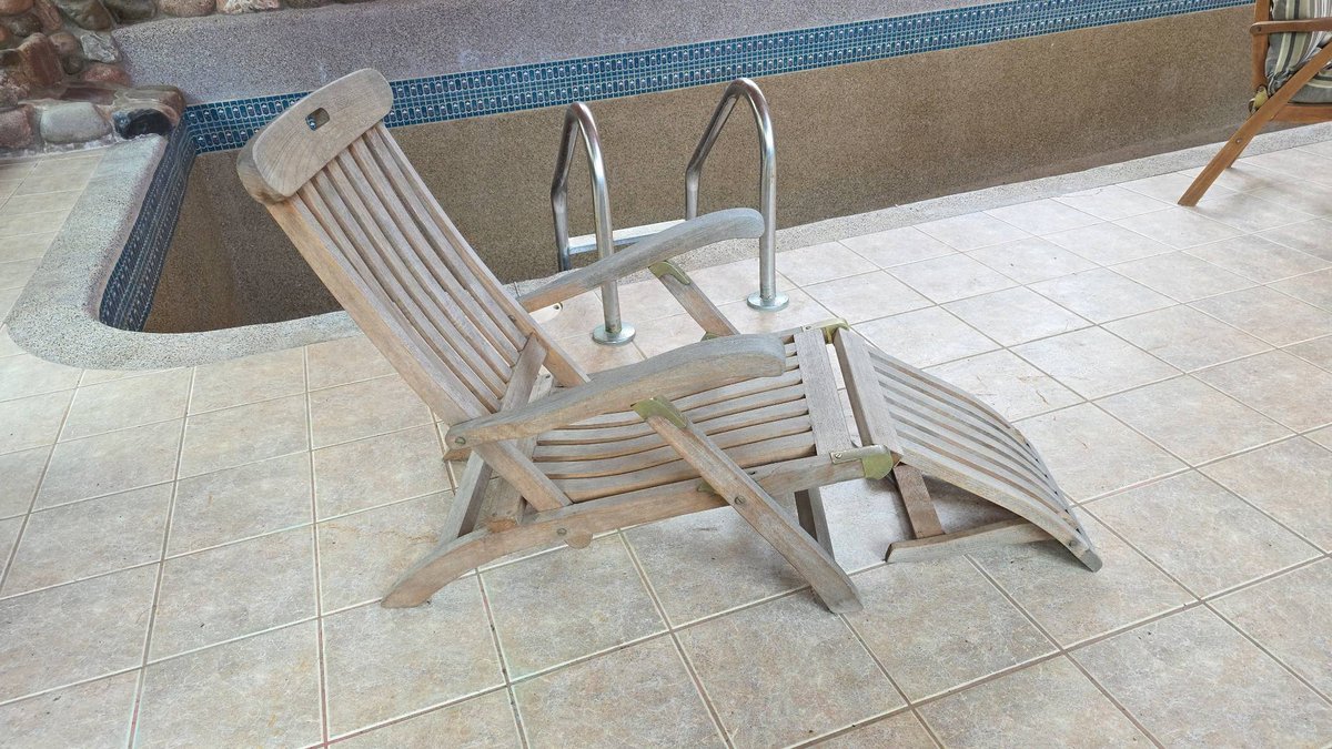 Teak Wood Poolside Lounge Chair with Slatted Design and Brass Hardware, 25x78 Inches