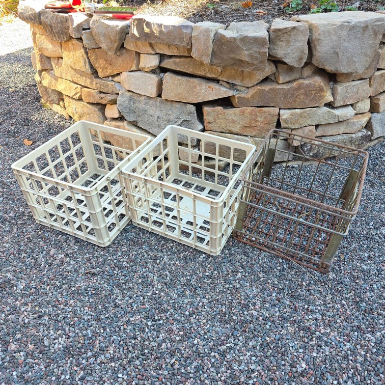 3 Milk Crates: 2 Plastic Storage Crates and 1 Metal Borden's 70 Dairy Crate