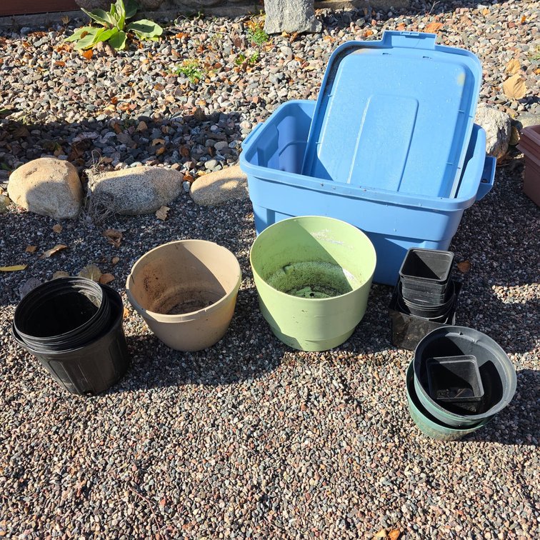 Garden Pots and Blue Storage Tote Bin Lot, Mixed Sizes and Shapes