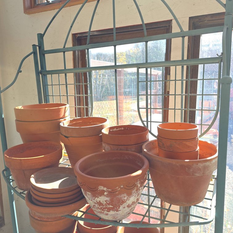 Terracotta Flower Pots and Saucers, Mixed Sizes and Shapes, Various Wear