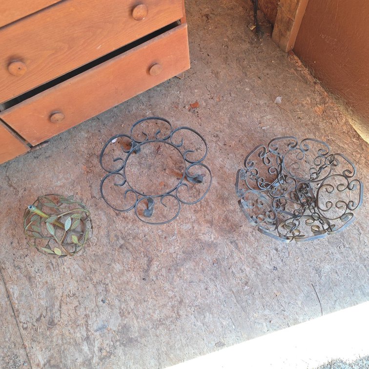 Three Vintage Wrought Iron Plant Holders and Hanging Basket