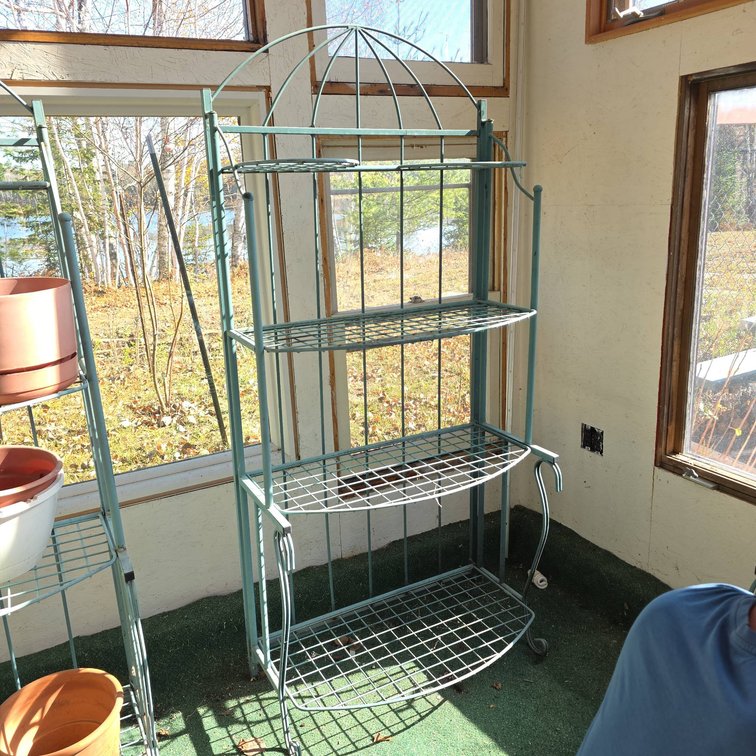 Metal Baker's Rack Style Plant Shelf With Three-Tier Gridded Shelves and Decorative Arched Top
