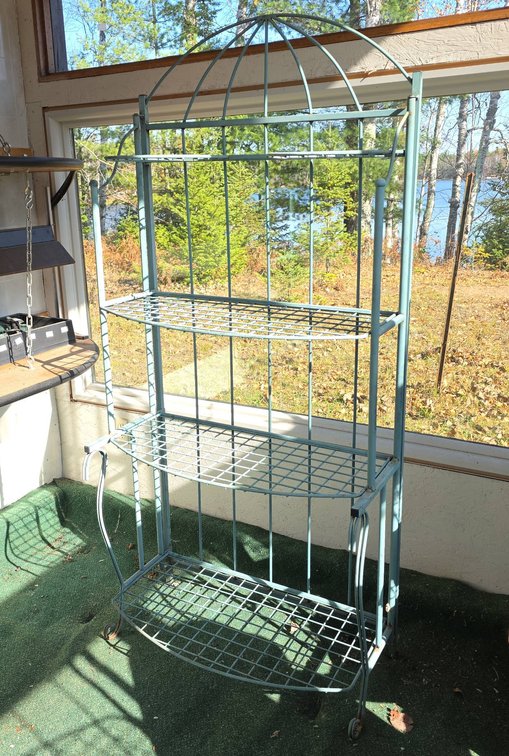 Metal Garden Bakers Rack With Arched Top, Three Shelves, Two Side Trays, Light Blue Finish