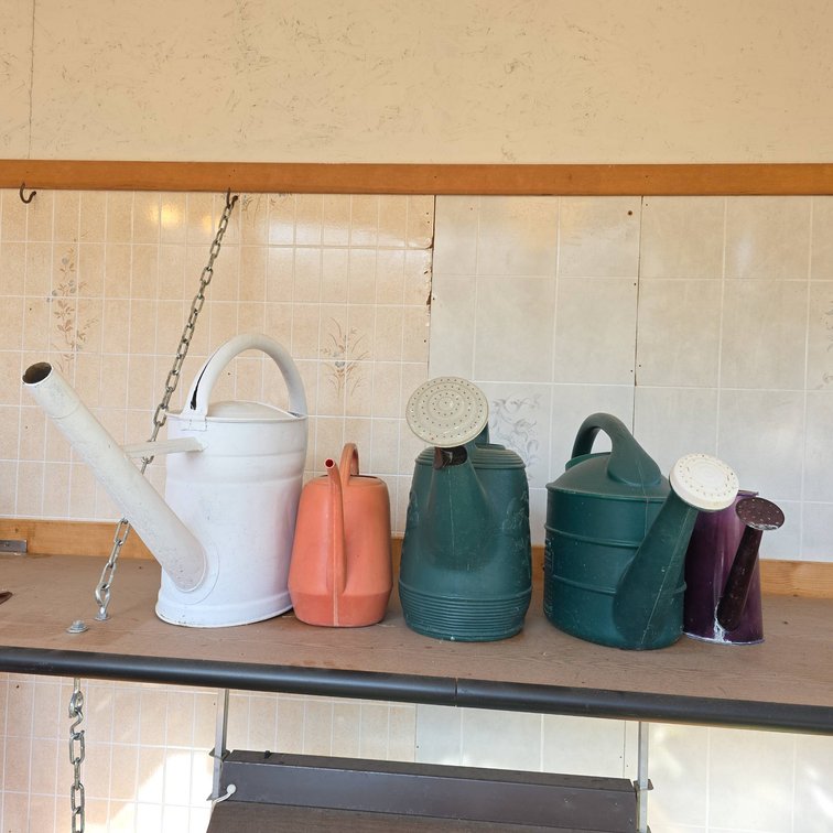 5 Watering Cans Assorted Materials and Sizes with Decorative Floral Motifs