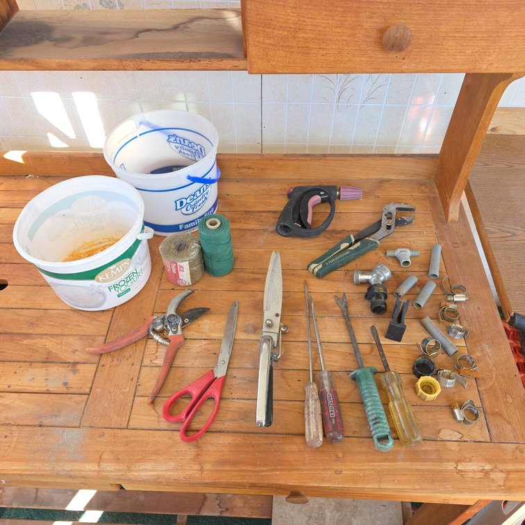 Lot Gardening and Plumbing Tools With Buckets, Scissors, Clamps, Hose Nozzle