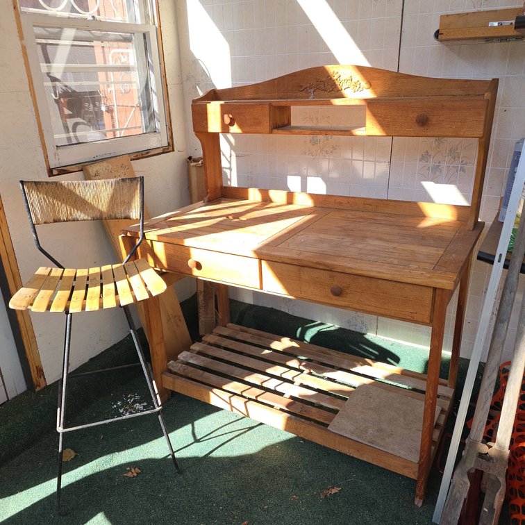 Wood Potting Bench with Drawers, Removable Sink, Slatted Shelf, and Metal-Frame Bar Stool
