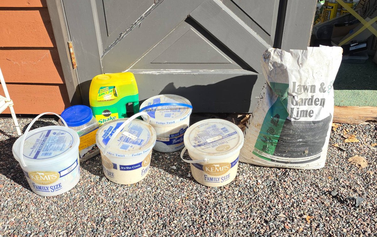 Lawn and Garden Supplies Lot: 50 Lb Lime, Fertilizer, Grass Seed, Miracle-Gro, Misc. Containers