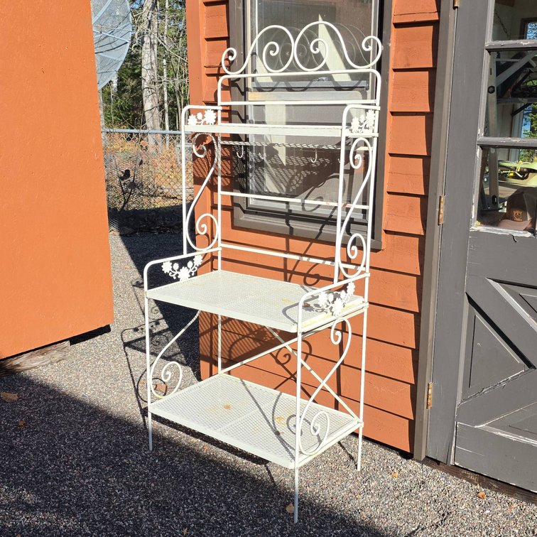 White Wrought Iron Plant Stand with Floral Details and Hooks