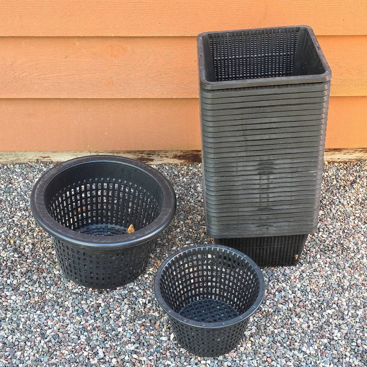 Aquatic Plant Baskets, Two Round and 30+ Square Plastic Containers